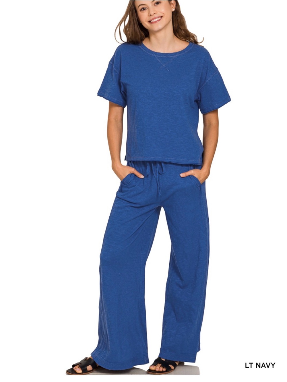 COTTON SLUB SHORT SLV TEE & PANTS SET